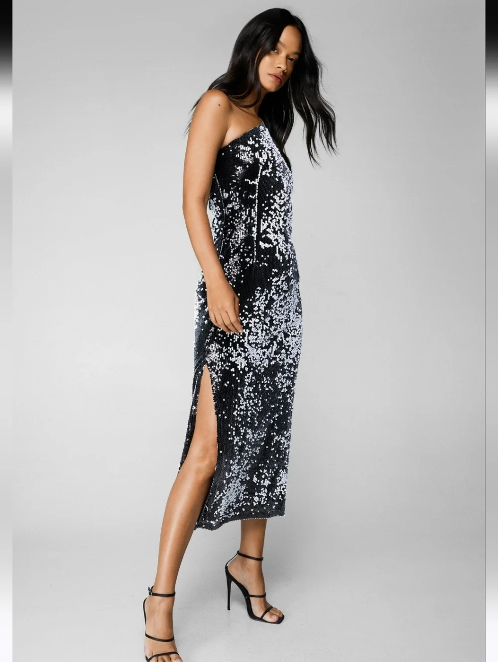 NWT Nasty Gal One Shoulder Sequin Maxi Dress size 4 Charcoal SEXY Ai-1898 - Picture 3 of 11